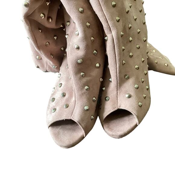 Liliana Vegan Suede Over the Knee Golden Tacks Peep Toe Boots - Picture 8 of 10